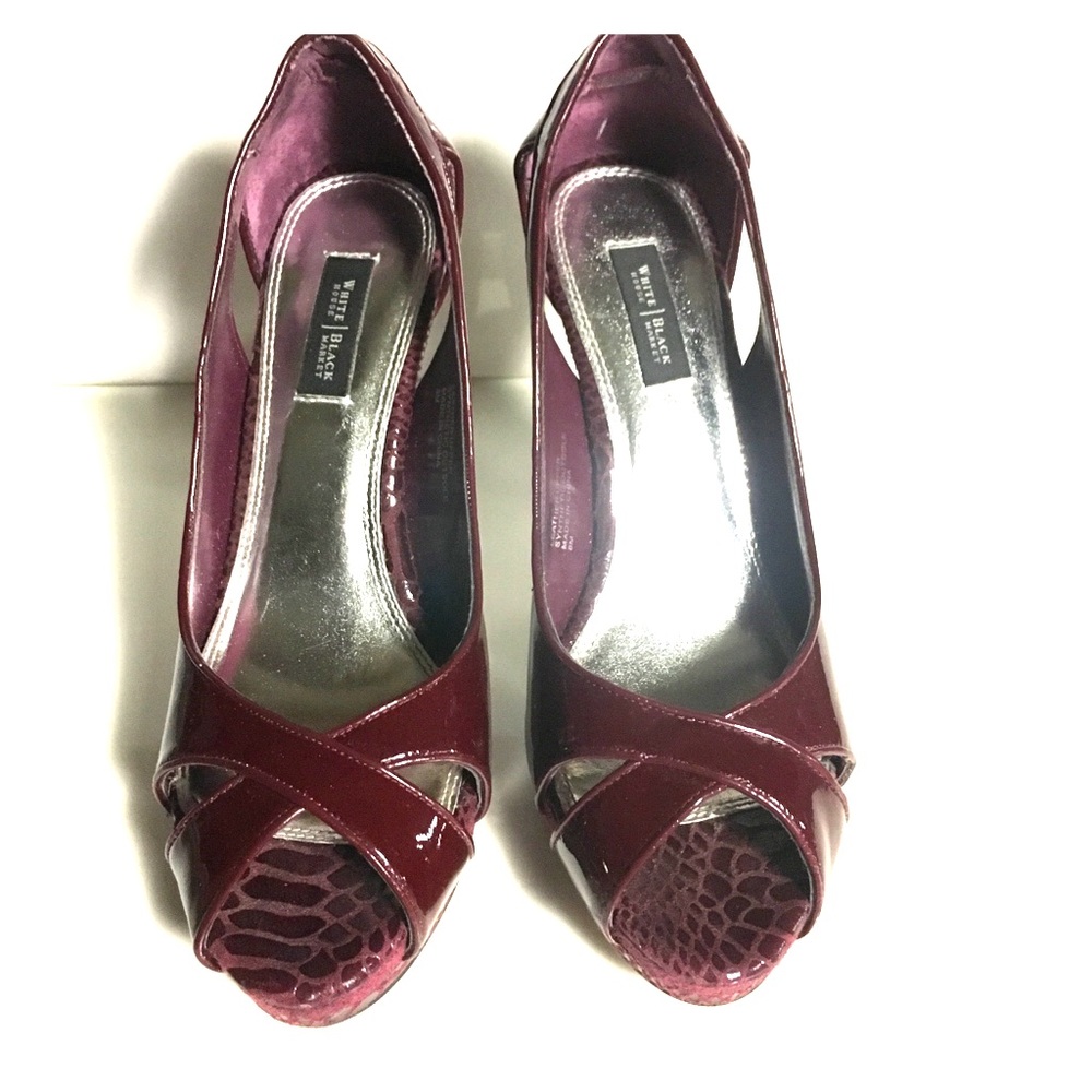 Burgundy patent leather peep toe heels